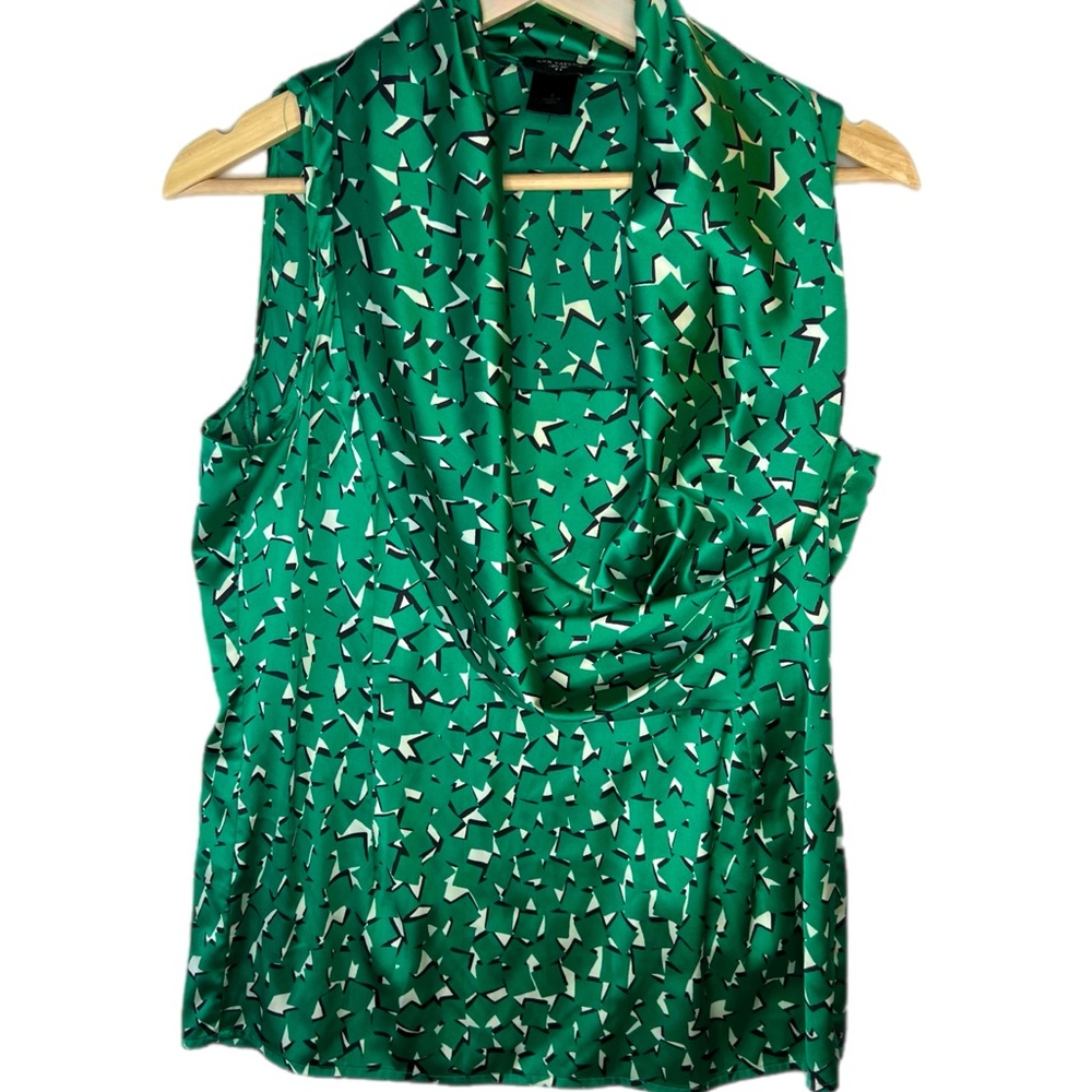 Ann Taylor Teacher Blouse 6 Kelly Green Print Sleeveless Top Drape Neck business